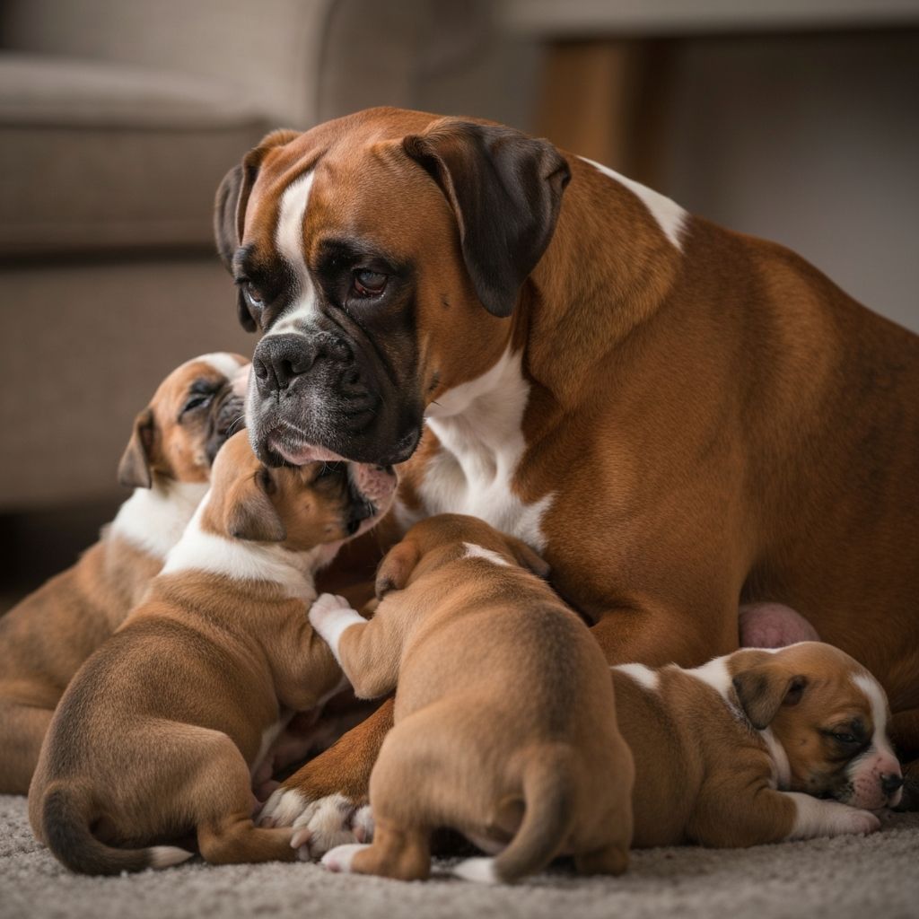 Boxer mother with nursing puppies